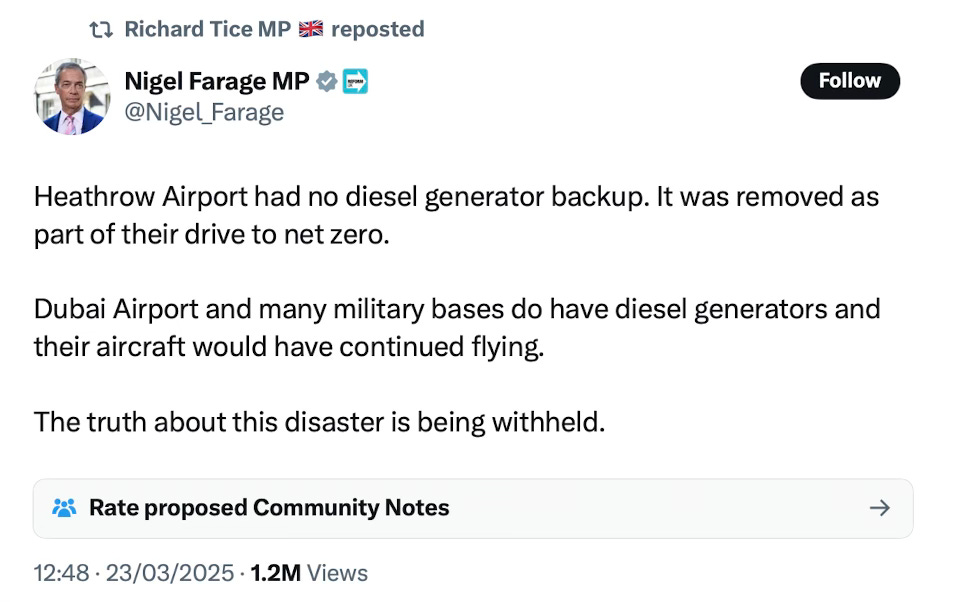 Nigel Farage tweet with text about no diesel generator backup for Heathrow Nigel Farage tweet with text about no diesel generator backup for Heathrow