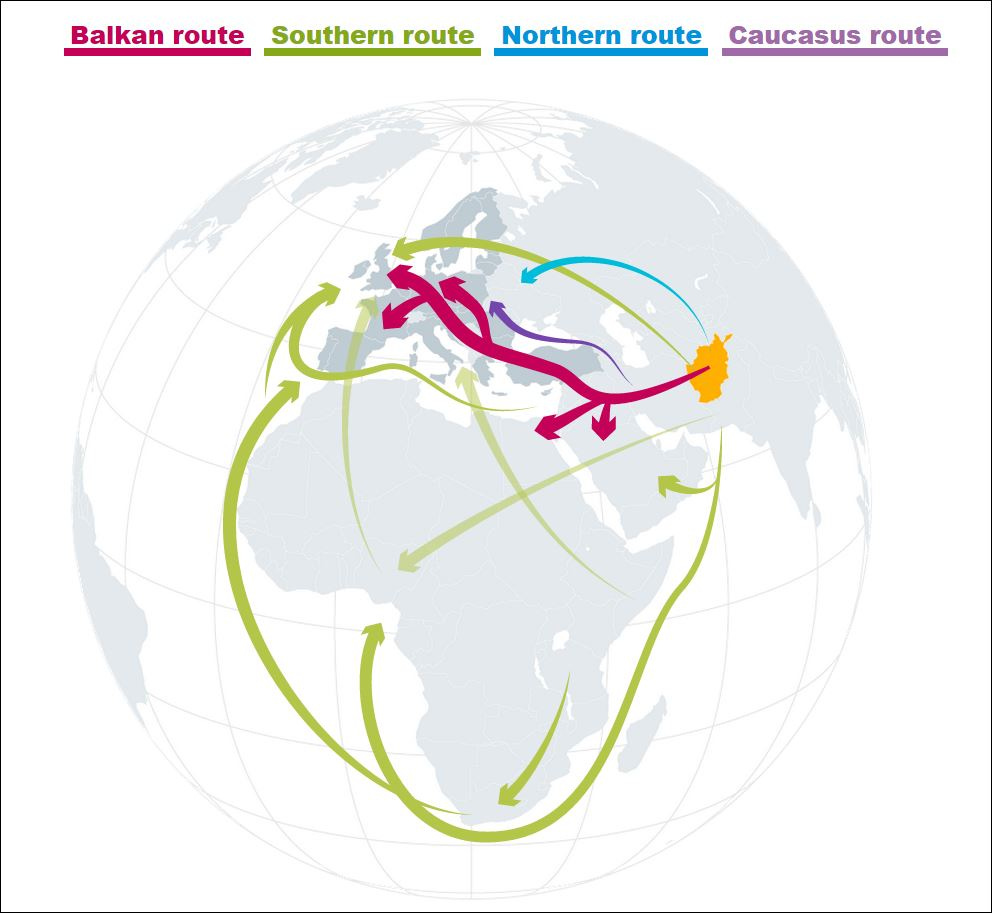 How is heroin trafficked from Asia to Europe?