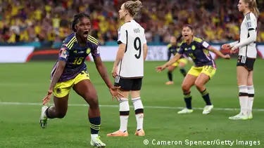 Colombia's Linda Caicedo celebrates scoring against Germany at the World Cup.