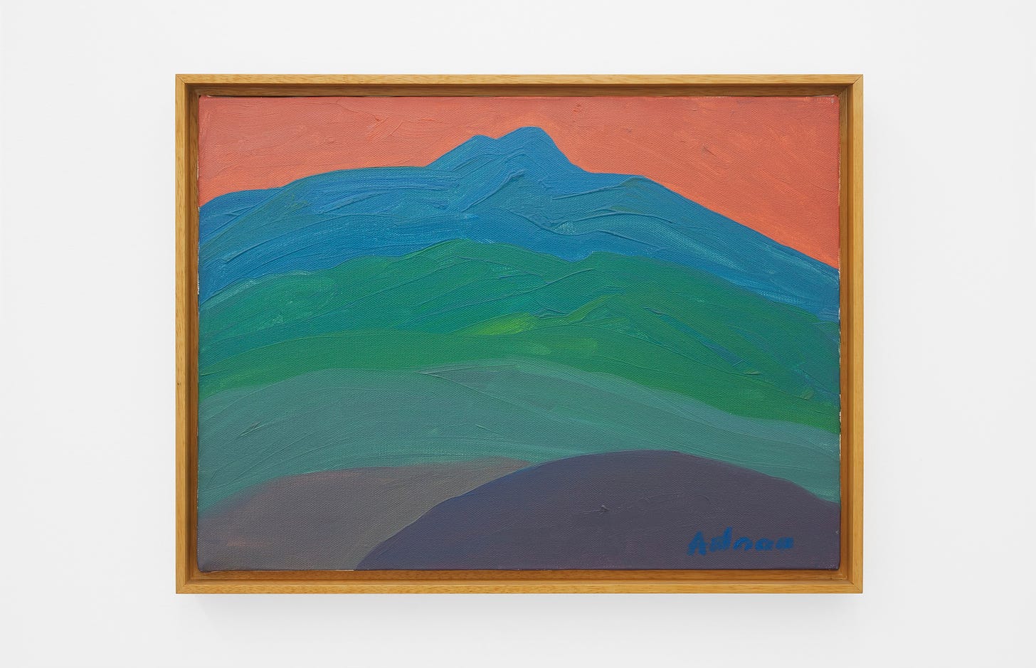 A painting with layered blocks of color suggesting the form of Mount Tamalpais. The mountain is depicted in curved bands in colors ranging from a dark plum, through greens to a vivid blue at the top of the mountain. Behind the mountain the sky is a deep orange-red. 