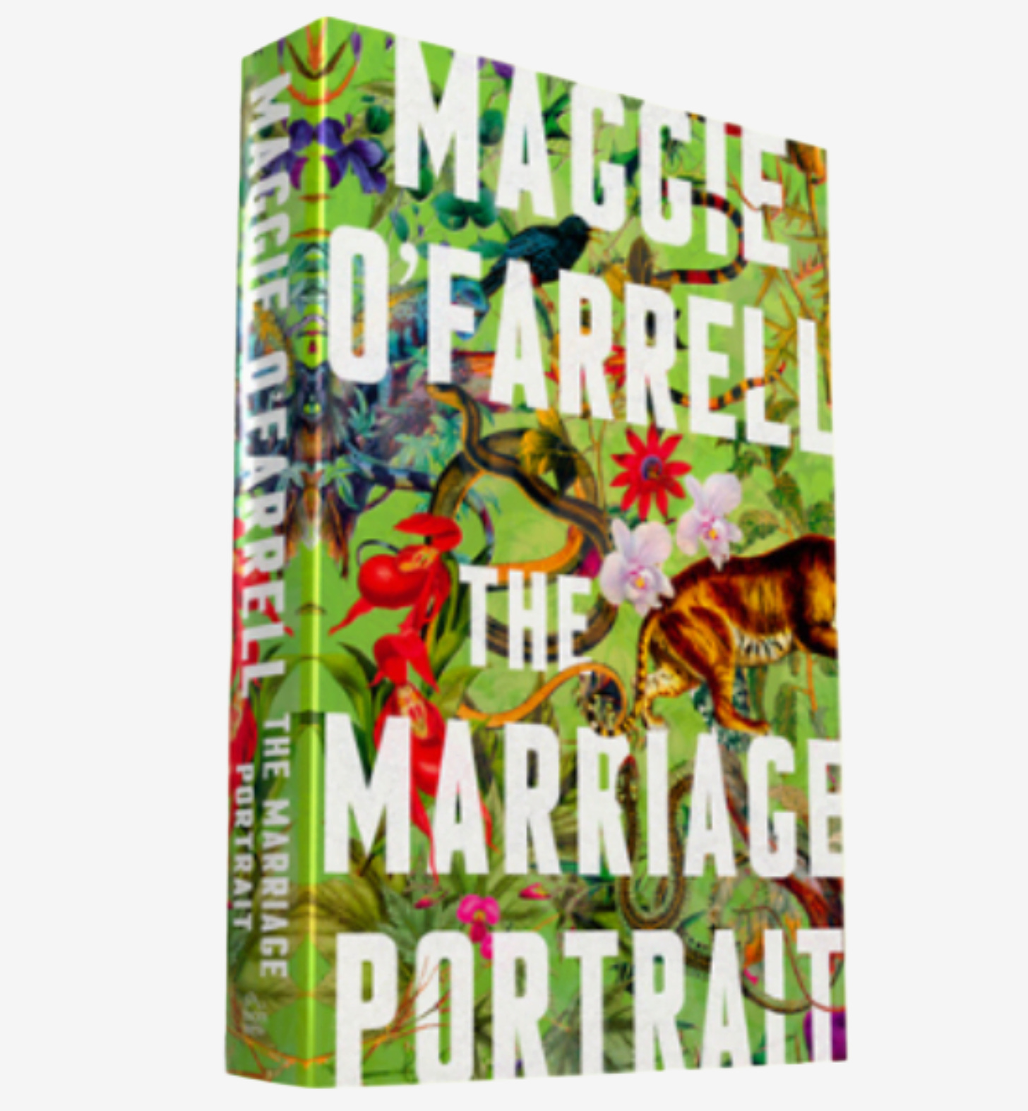 UK Edition cover of The Marriage Portrait by Maggie O'Farrell (title and author against a lime green backdrop, with various jungle animals including a tiger and snake against tropical trees 