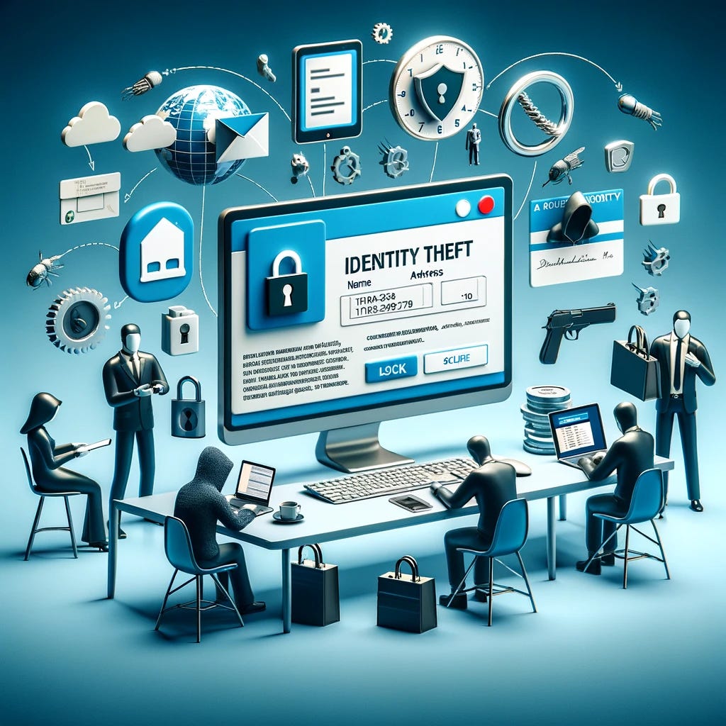 Create an image depicting a common scenario of identity theft in a generic, educational format. The scene should visually explain how personal information like name, address, phone number, and identity numbers can be stolen from unsuspecting individuals through digital means, such as phishing emails, unsecured websites, or malware attacks on a computer. Include symbols like a computer screen displaying a phishing email, a lock symbol to represent security, and a figure representing a common person, to illustrate the concept of guarding against identity theft.