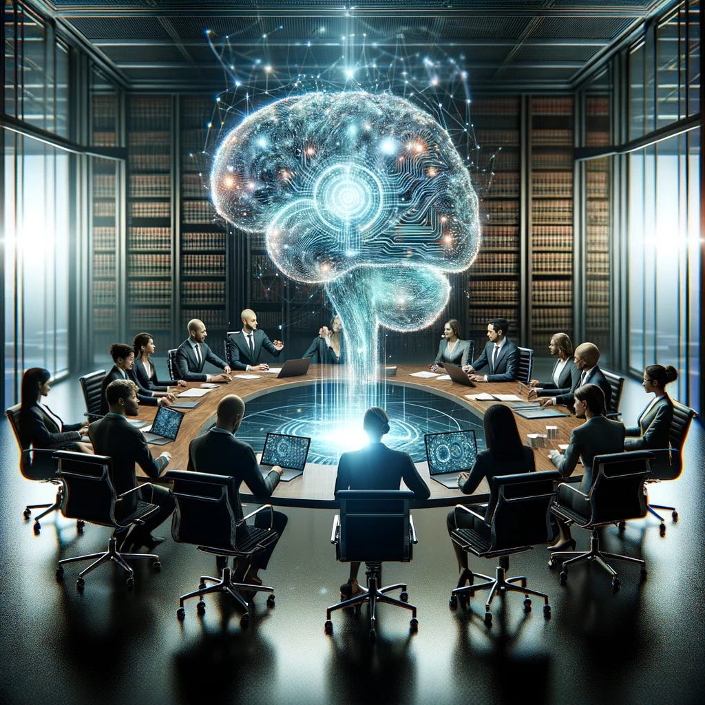 An image depicting a modern, diverse group of lawyers sitting around a large, sleek conference table, engrossed in discussion and interaction with a large, holographic display of a generative AI model in the center. The AI model is visually represented by an abstract, digital brain that emits light, symbolizing intelligence and innovation. The room is filled with high-tech gadgets and legal books, blending the traditional with the futuristic. The atmosphere is one of collaboration, forward-thinking, and the embrace of technology in the legal profession. This visual encapsulates the concept of prompt engineering and the effective use of generative AI by lawyers in a cutting-edge, professional setting.