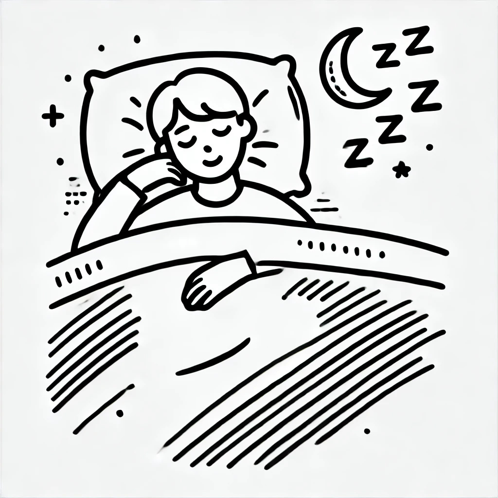 A simple and peaceful black and white drawing representing sleep. Show a person sleeping comfortably in bed, with a relaxed expression and a blanket gently covering them. Include subtle symbols of sleep like a moon, stars, and 'Zzz' above the person's head. Use clear, straightforward lines to create a calming and easy-to-understand illustration.