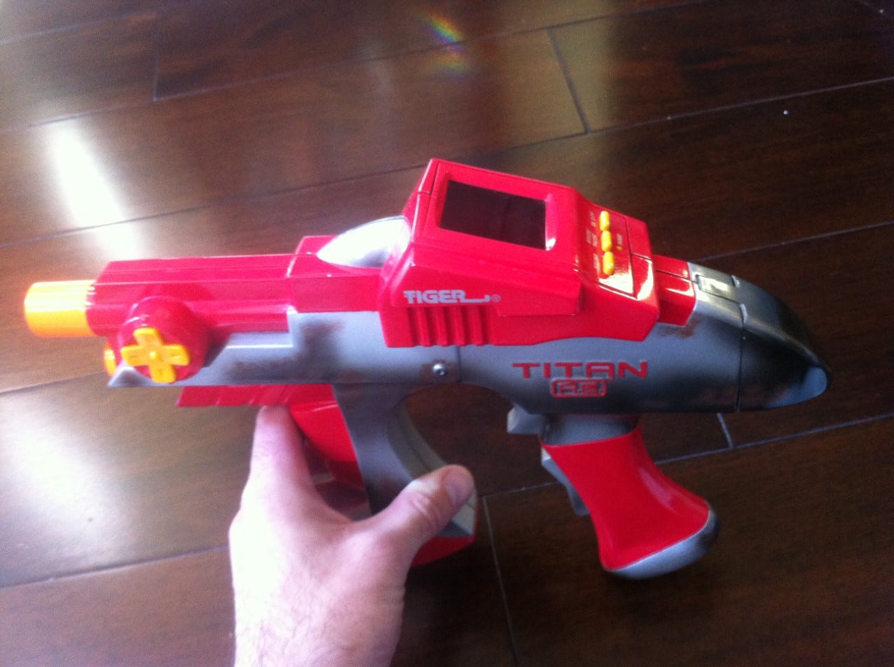 A photograph of a prototype LED based gun game with "Titan" on it. Chris believes this to be the only one in the world.