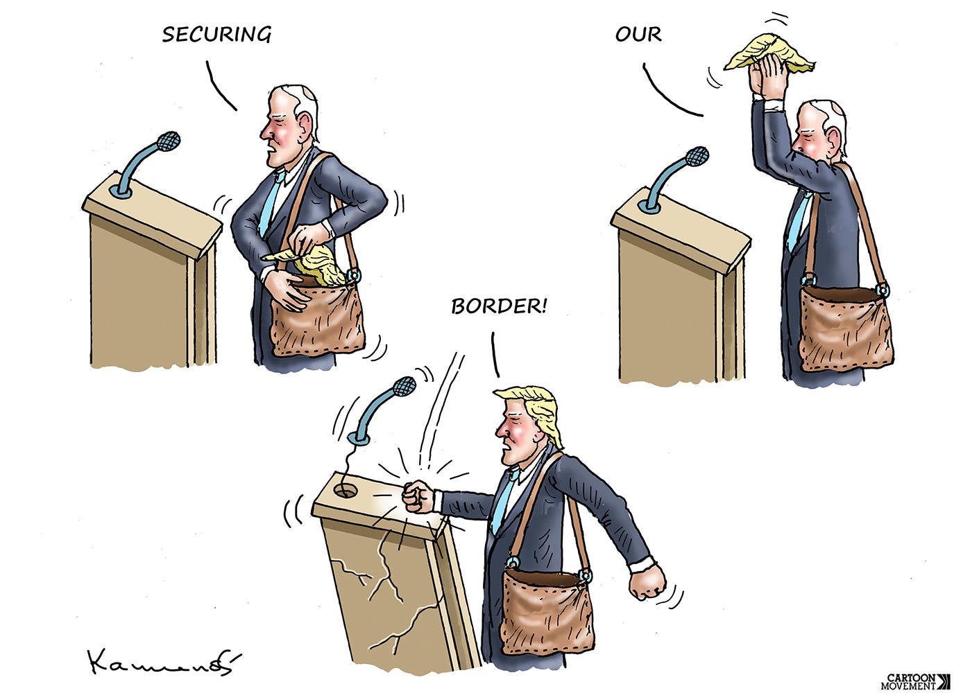 Three panel cartoon showing Joe Biden donning a wig that resembles Trump's hair, while saying 'securing' in panel 1, 'our' in panel 2, and 'border' in panel 3.