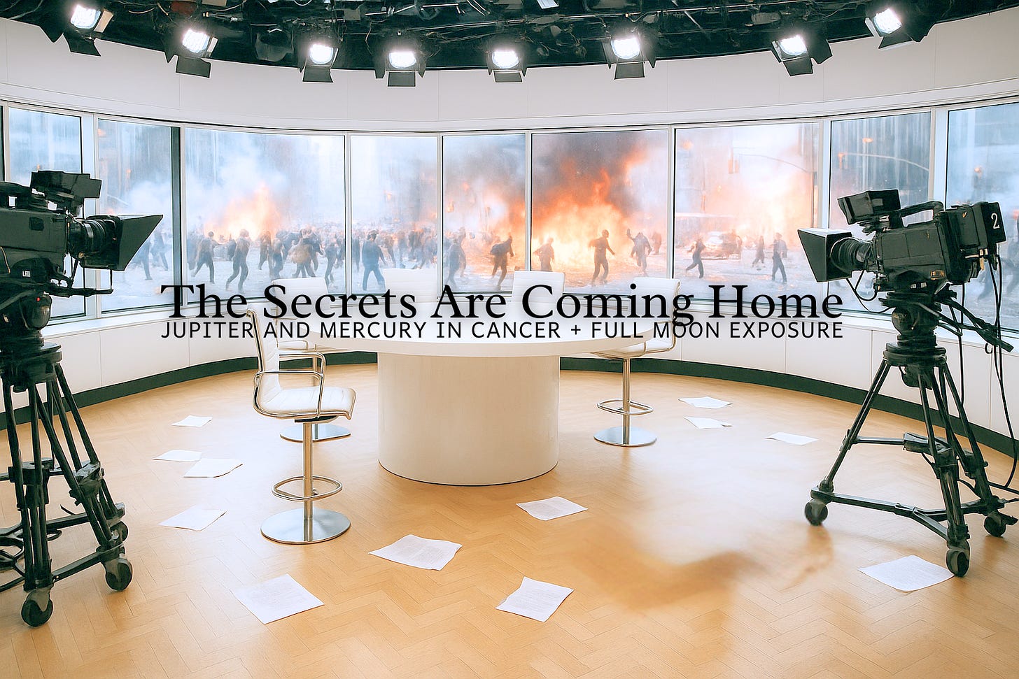 Jupiter and Mercury in Cancer 2025 overlay:morning news set with chaos and fires outside the window.