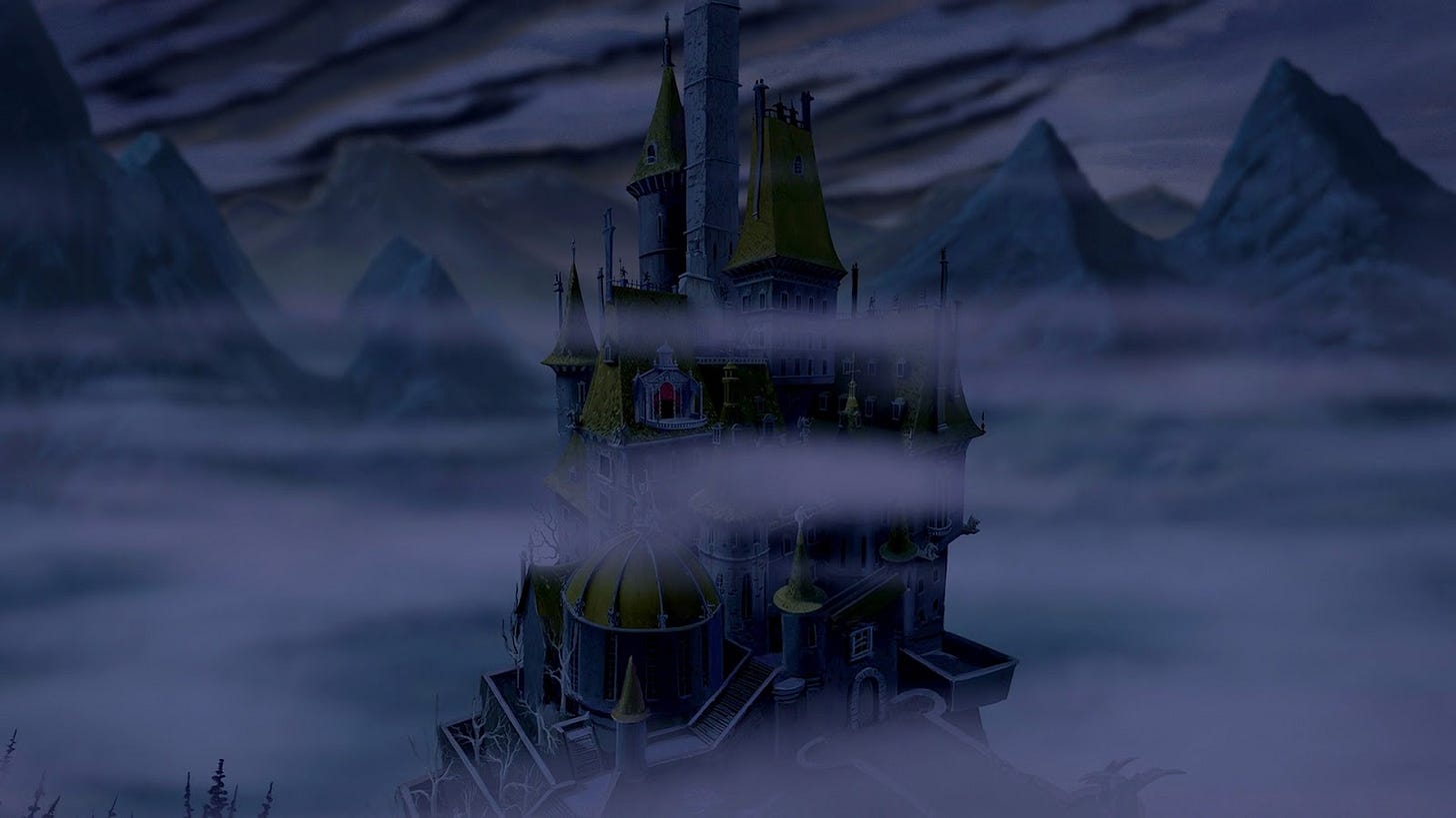Dark, moody picture of the Beast's fog-cloaked castle in Beauty and the Beast