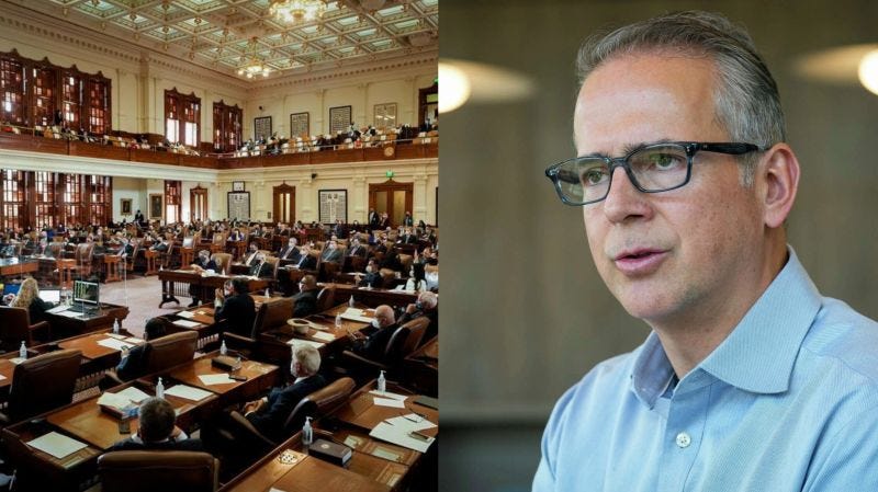 Photo of the Texas legislature, next to a photo of ERCOT CEO Pablo Vargas