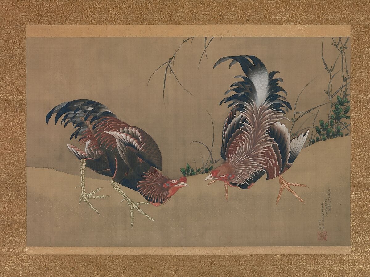 Gamecocks, Katsushika Hokusai (Japanese, Tokyo (Edo) 1760–1849 Tokyo (Edo)), Hanging scroll; ink and color on silk, Japan 