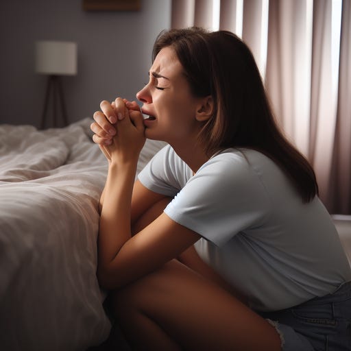 a woman who is crying and praying to god, down on her knees in her private bedroom, looking up at the ceiling as if god is there to help her in her hour of desperation