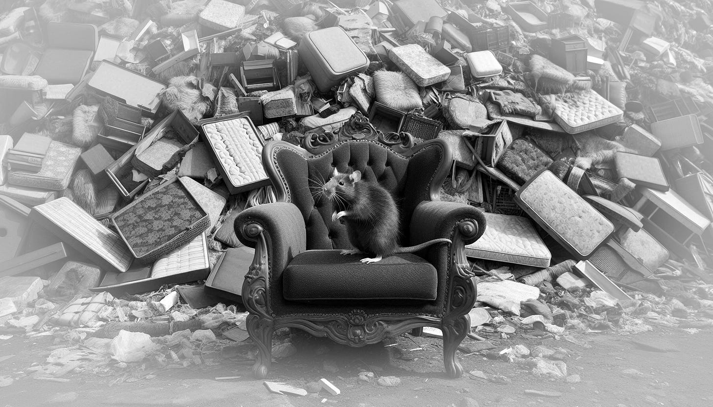Grayscale AI generated image of bulky items at the dump