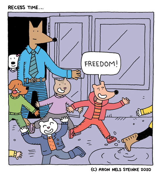 A single panel shows Mr. Wolf, a brown wolf wearing a blue shirt, a green necktie, and blue pants, opening his classroom door. His students (various animals wearing jackets and rainboots) run outside, splashing in puddles. One kid smiles and calls out, “Freedom!”