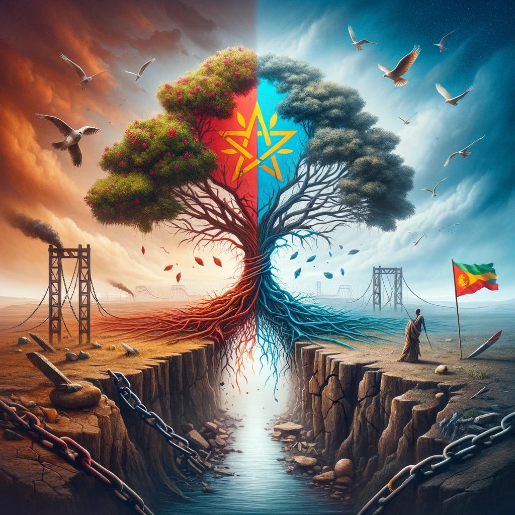 Create an image that symbolically represents the profound psychological and societal impacts of the conflict between Eritrea and Ethiopia, focusing on