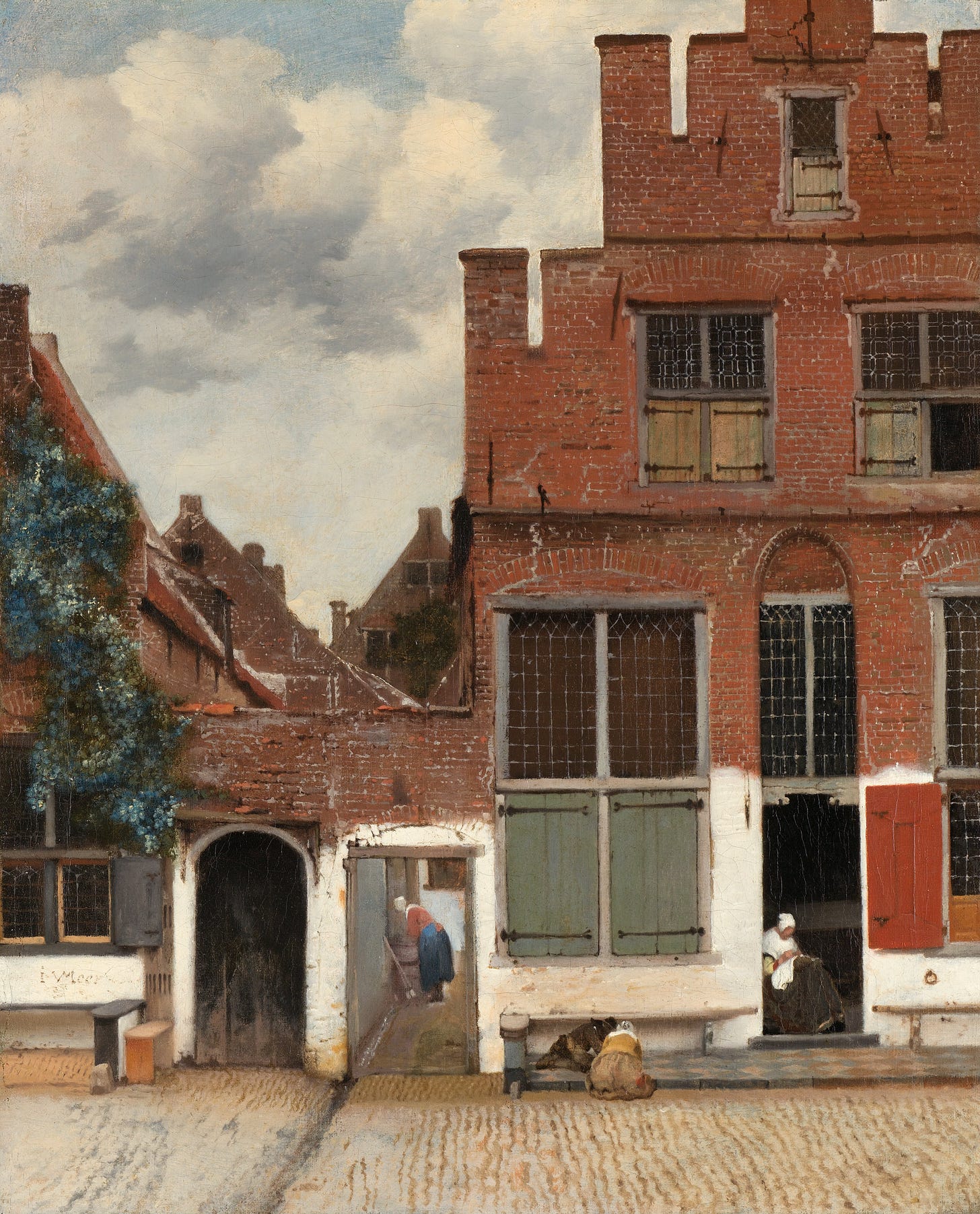 Pintura "The little street" de Vermeer. Mostra duas construções contíguas de tijolos laranja à vista. Uma delas está com as portas abertas e é possível ver uma criada varrendo e outra sentadacosturando. Há algumas nuvens no céu.