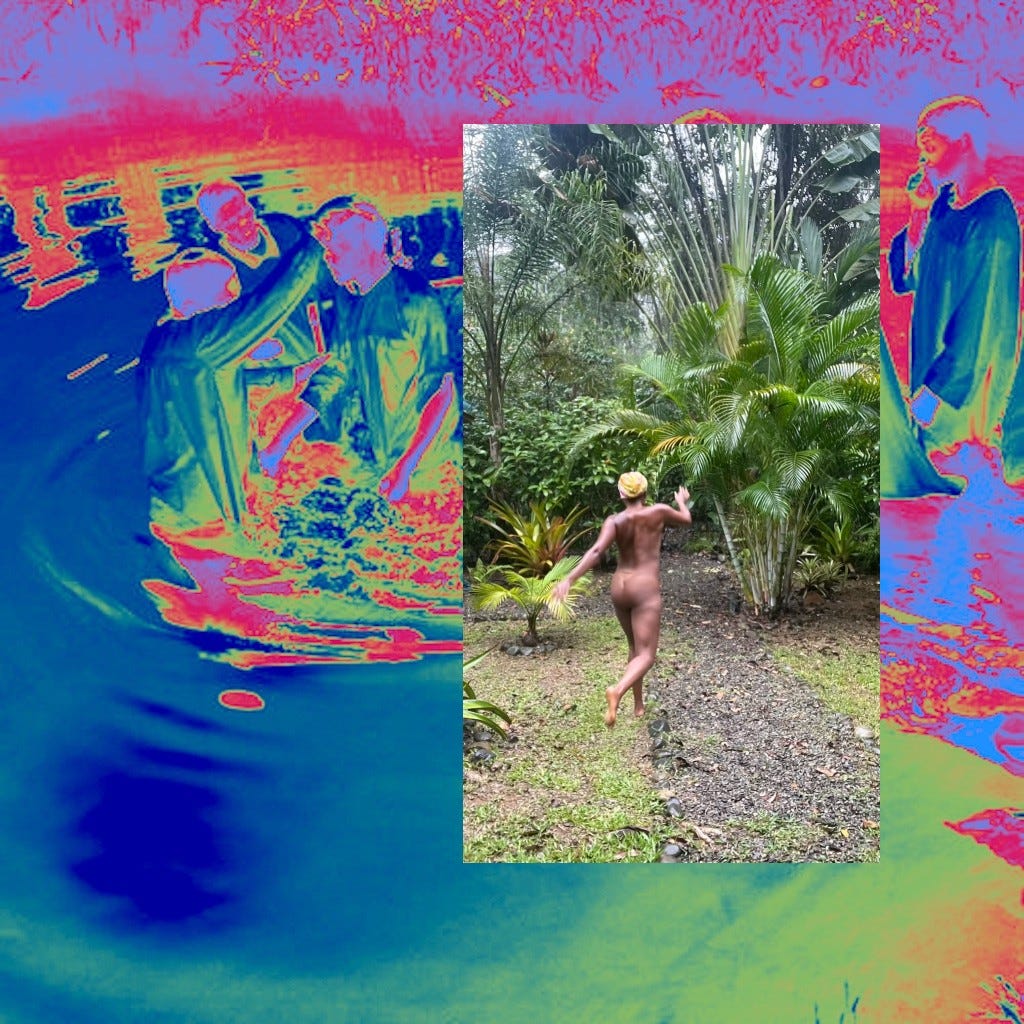 an image of a black woman running naked in the rain in her jungle yard, layered over a heatmaped image of river baptism ceremony.