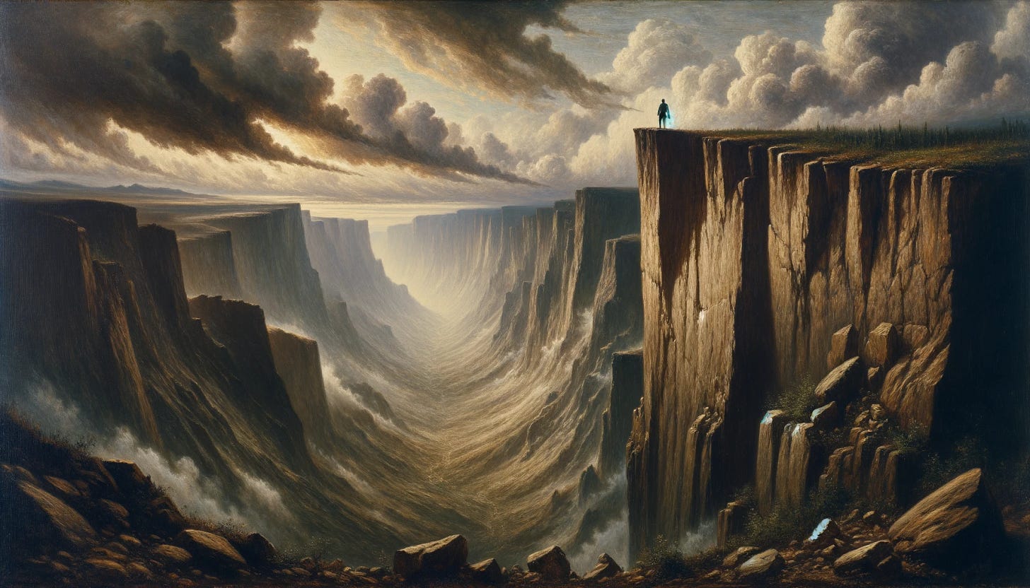 An oil painting depicting a person standing at the edge of a steep, threatening cliff. The scene captures the dramatic and perilous nature of the landscape, with the cliff overlooking a vast expanse. The style is reminiscent of classical landscape oil paintings, focusing on the drama and scale of nature. The image is in a widescreen format with no borders.
