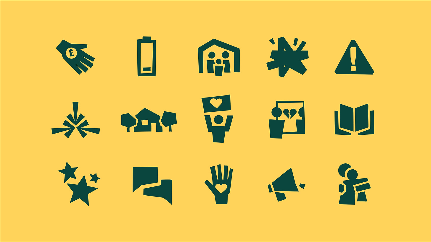 A set of icons with rough edges and childlike imprecision.