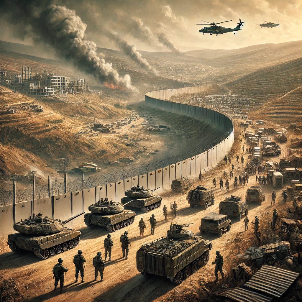 A depiction of the Israel-Lebanon conflict with military forces positioned along a rugged border landscape. In the image, tanks and soldiers are seen on both sides, preparing for confrontation. Smoke rises from a distant city that has experienced shelling, while civilians are fleeing the area with their belongings. The image captures the tension of the region, with helicopters and jets flying overhead, and the background showing the effects of past conflicts in the form of ruined buildings. The overall mood reflects the ongoing military struggle and the displacement of civilians.