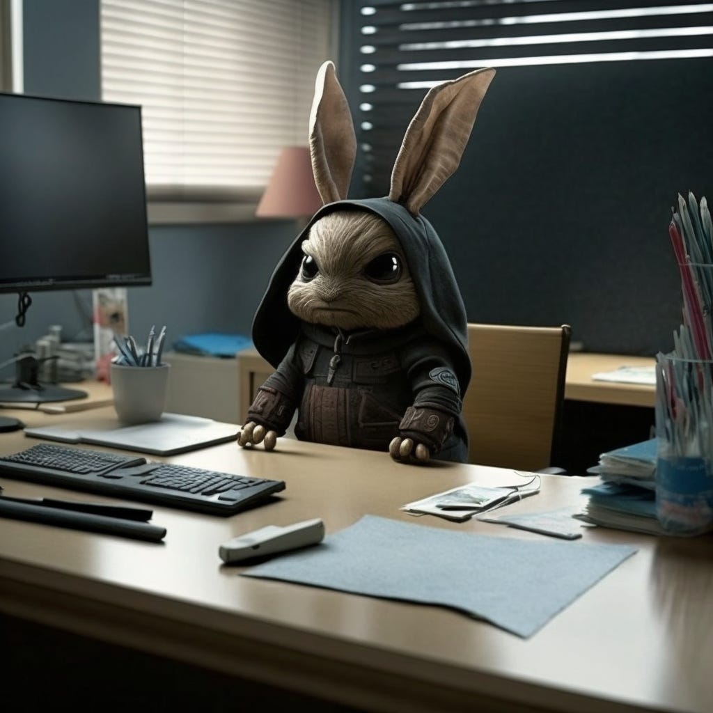Rabbit dressed as grim reaper, sitting in an office