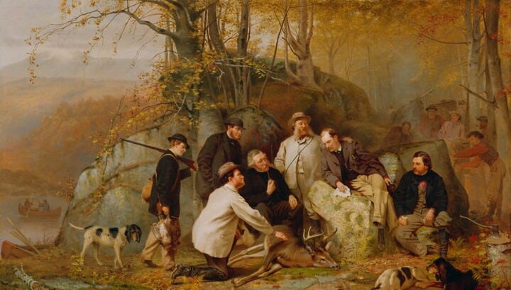 An oil painting of a group of White men, all wearing hunting gear, around a dead deer on an autumn day.