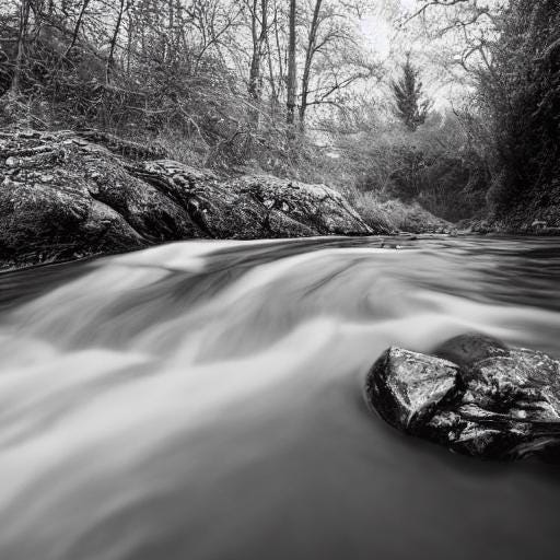 Grayscale image looking upstream from just above the surface level of time lapsed flowing water