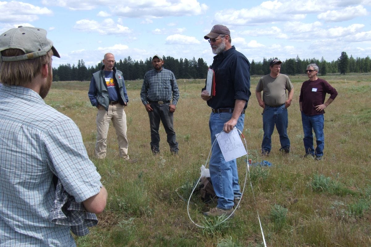 Maurice Robinette recently shared his holistic ranching techniques with a group of regional small farmers, ranchers, and agricultural experts, part of a Washington Tilth Producers and Washington State University Small Farms Program 2010 Farm Walk. 
 (Paul Haeder / Down to Earth NW)