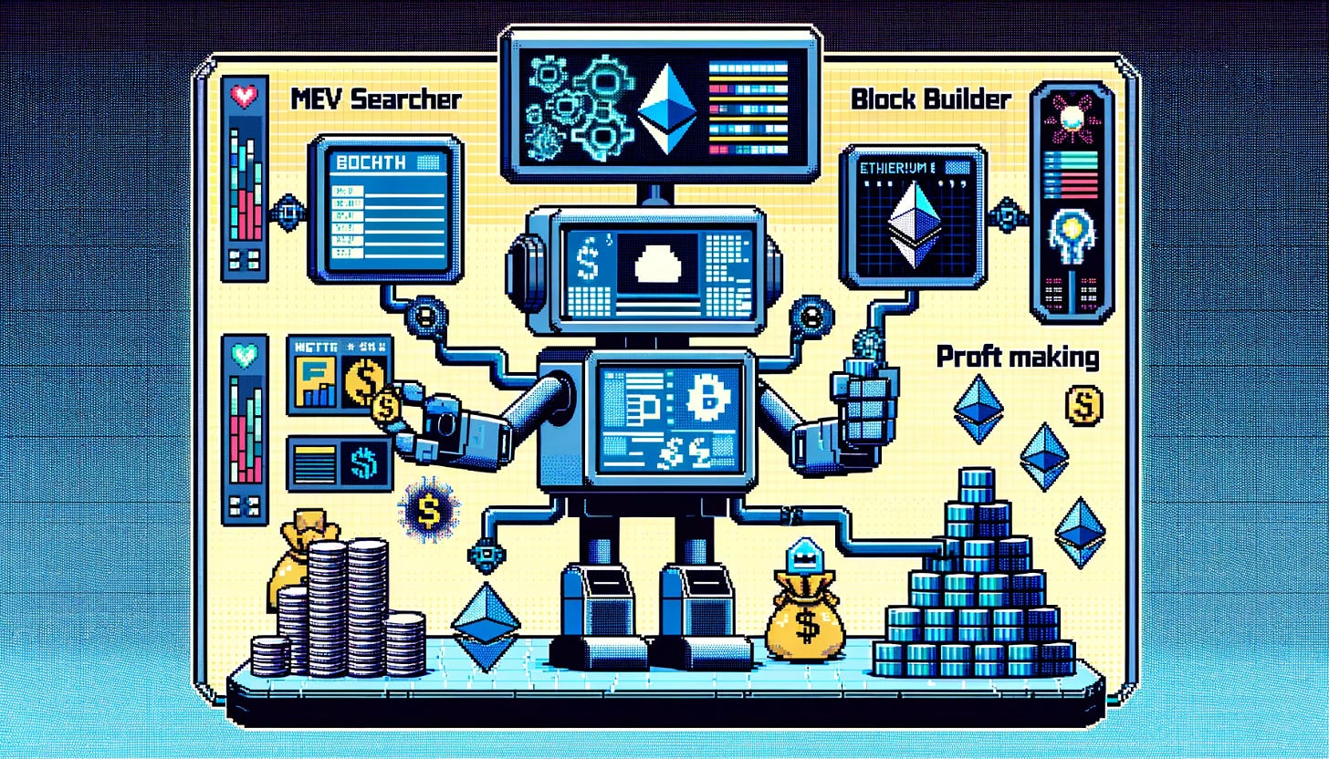 An 8-bit style infographic illustrating a bot functioning as both a MEV searcher and a block builder, while generating profit, without any text. The image features a pixelated, retro video game style robot character, designed to suggest dual functionality. One half of the robot's body resembles a MEV searcher, and the other half a block builder. The robot is actively engaged in blockchain activities, depicted with 8-bit digital screens and pixelated Ethereum block representations around it. Profit-making is visually represented by pixelated money symbols like dollar signs flowing into a virtual wallet or treasury. The background should have an 8-bit, digital, blockchain-themed design to emphasize the cryptocurrency and DeFi context, all in a classic video game aesthetic. The resolution should be 16:9.