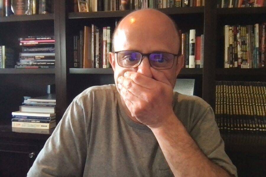 Eric Kripke hand over mouth reacting to orgy scene on The Boys 3.06 herogasm event mttg