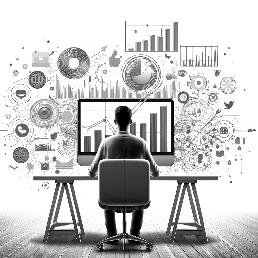 A grayscale minimalist drawing on a white background depicting the theme of online marketing. The image should feature a marketer or entrepreneur sitting at a modern, streamlined desk with a large, sleek monitor displaying analytics and digital marketing data. Around the workspace, abstract symbols of online marketing such as graphs, social media icons, and digital networks subtly float, symbolizing the fusion of human creativity and digital marketing technology. This illustration captures the dynamic and strategic nature of online marketing.