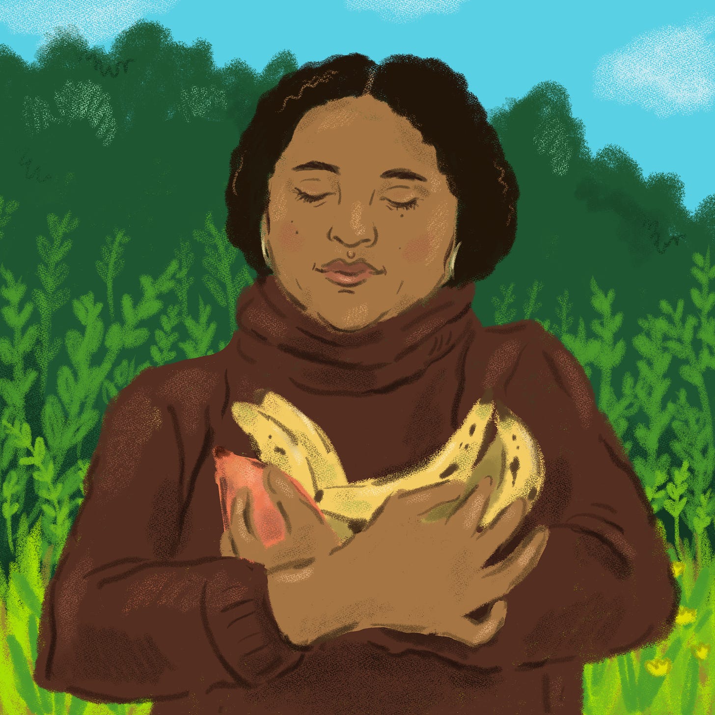 illustration of a black woman looking serenely at produce she holds in her arms. Plantains and yams! She wears a brown turtle neck jumper and is in front of a lush green field.