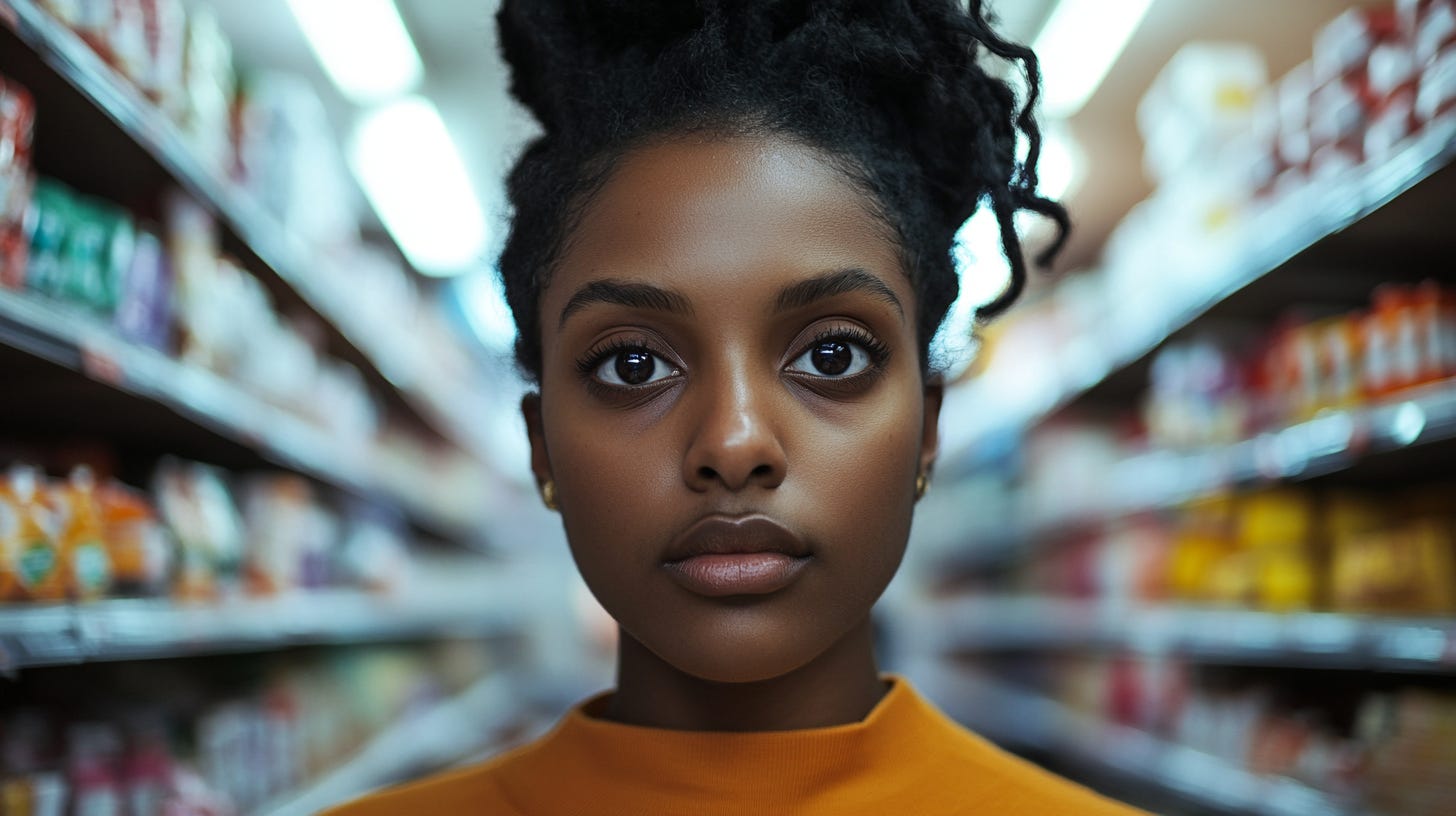 beautiful twenty-something year old Black woman. Harlem Bodega. Bright big eyes, staring into the camera. Tight on her face. Shelves of the grocery is the background.