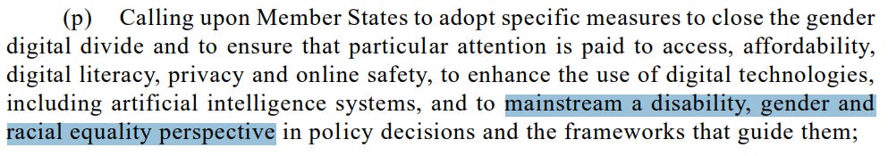 Snippet from the UN resolution on AI showing the context of mainstreaming disability, gender, and racial equality perspective