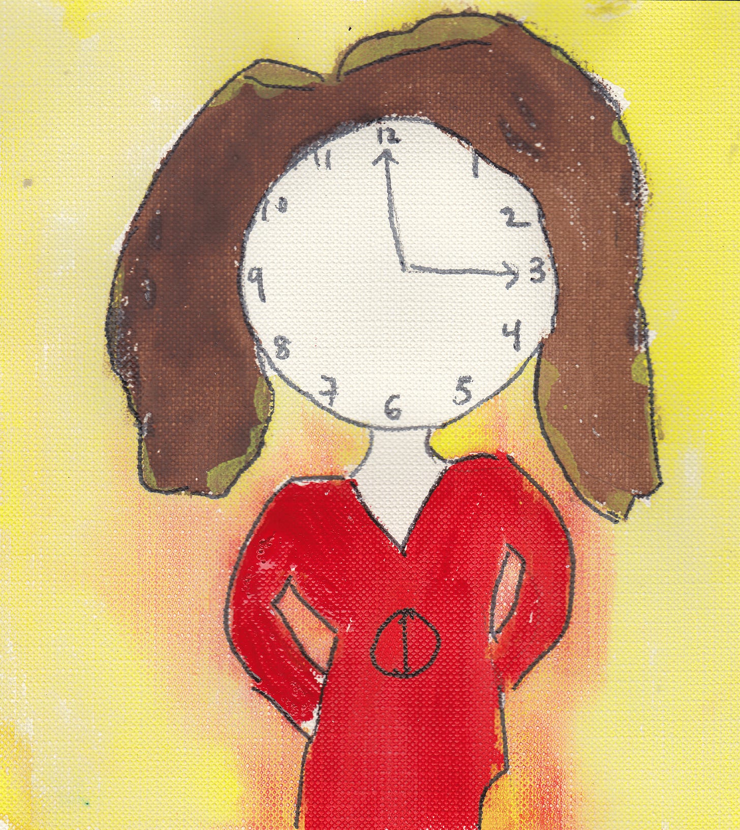 a Time Being with clock face. brown hair. TB wears a red dress with a clock on it. Yellow background