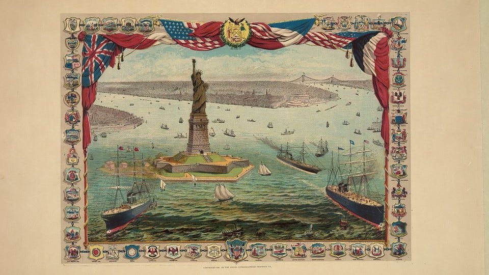 A lithograph created in 1884 depicts boats surrounding the Statue of Liberty in New York Harbor