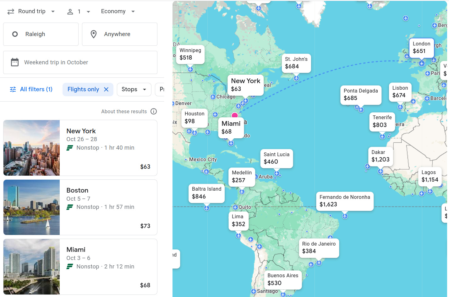 Google flights explorer view example