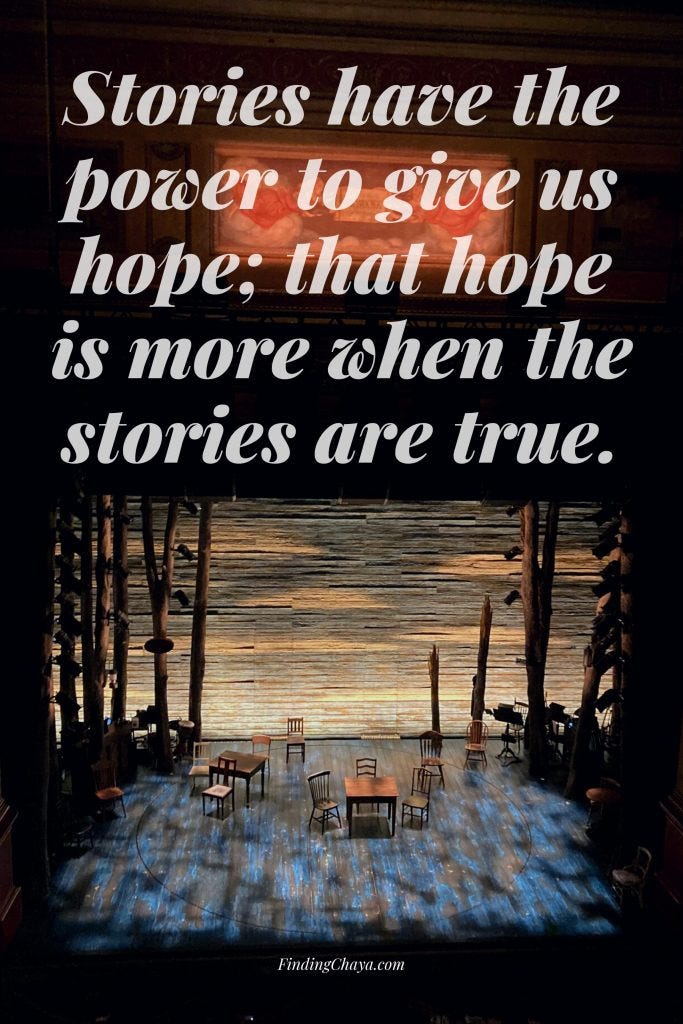 Portrait rectangular image. In the bottom half of the rectangle, there is a lit stage with a wooden backdrop and a wooden floor. The lights on the floor cause it to appear blue. There are empty chairs and tables on the stage.

Text in the top half of the rectangle reads: Stories have the power to give us hope; that hope is more when the stories are true.