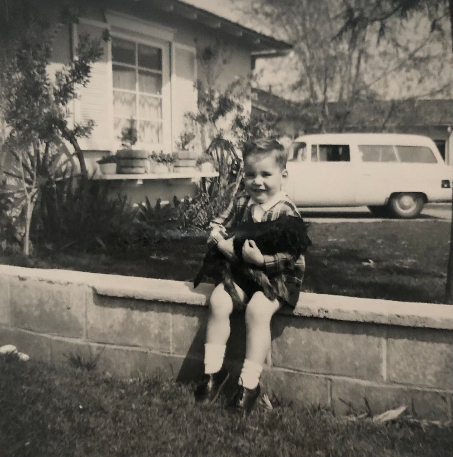 A little boy sitting on a half wall and holding a black puppy in his arms.