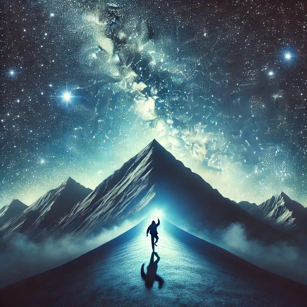 An evocative image of a lone climber ascending a vast mountain under a starry sky, symbolizing the journey toward personal peaks and the pursuit of one's highest potential. The image conveys the themes of ambition, challenge, and the rewards of persistence.