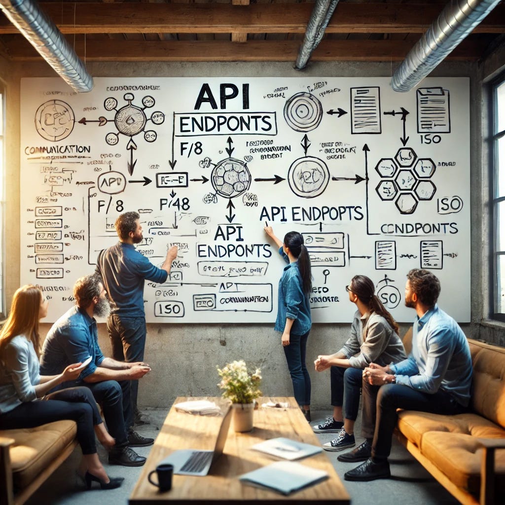 An image of a team collaborating on a whiteboard, illustrating API endpoints and communication flow. The team members are engaged in discussion, pointing at various diagrams and notes on the whiteboard, which depict different aspects of API architecture and communication strategies. Capture the scene with a Canon TS-E 17mm f/4L Tilt-Shift lens for a wide-angle view, set at f/8 for moderate depth of field, with a shutter speed of 1/250s to avoid motion blur, and an ISO setting of 200 for a clear, well-lit image. Use a warm white balance and high contrast to enhance the image's clarity and engagement.