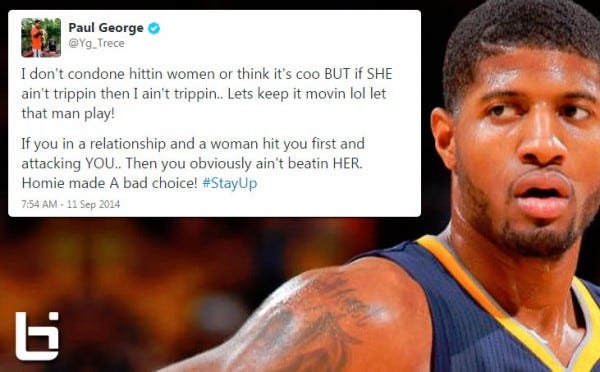 paul george tweet about ray rice wife beater 2014