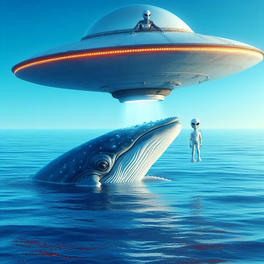 A whale swims with its head outside the water on a calm blue sea. Above, a humanoid Martian leans out from the side port of his flying saucer hovering close by
