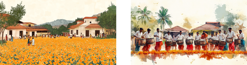 Two illustrations side by side: the left shows a vibrant village scene with people gathering among blooming yellow flowers in front of traditional white houses with red roofs, set against a backdrop of hills and trees. The right depicts a group of drummers dressed in traditional attire, playing large drums in a festive procession with palm trees and village houses in the background, accented by watercolor-style splashes.