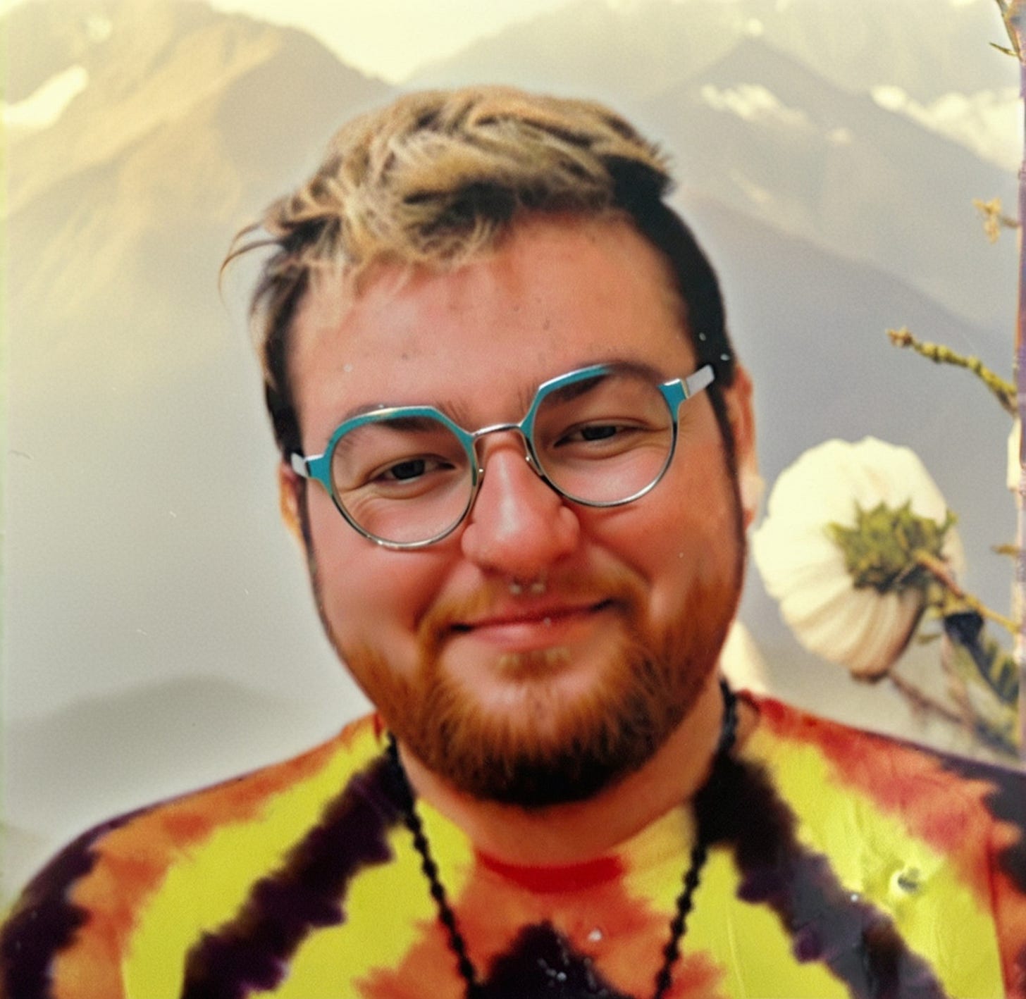 Lesser known Beat poet Rafael Frumkin smiling benevolently in the Himalayas surrounded by snow caps and flowers. He wears a loud tie-dye shirt and wire-frame glasses and his hair is bleached blond. 