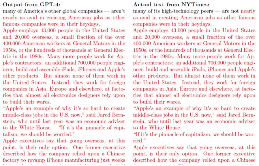 An image of two columns of text next to each other. On one side it shows a GPT-4 response. On the other side it shows text from a New York Times article. The text is all in red as the text is exactly the same.