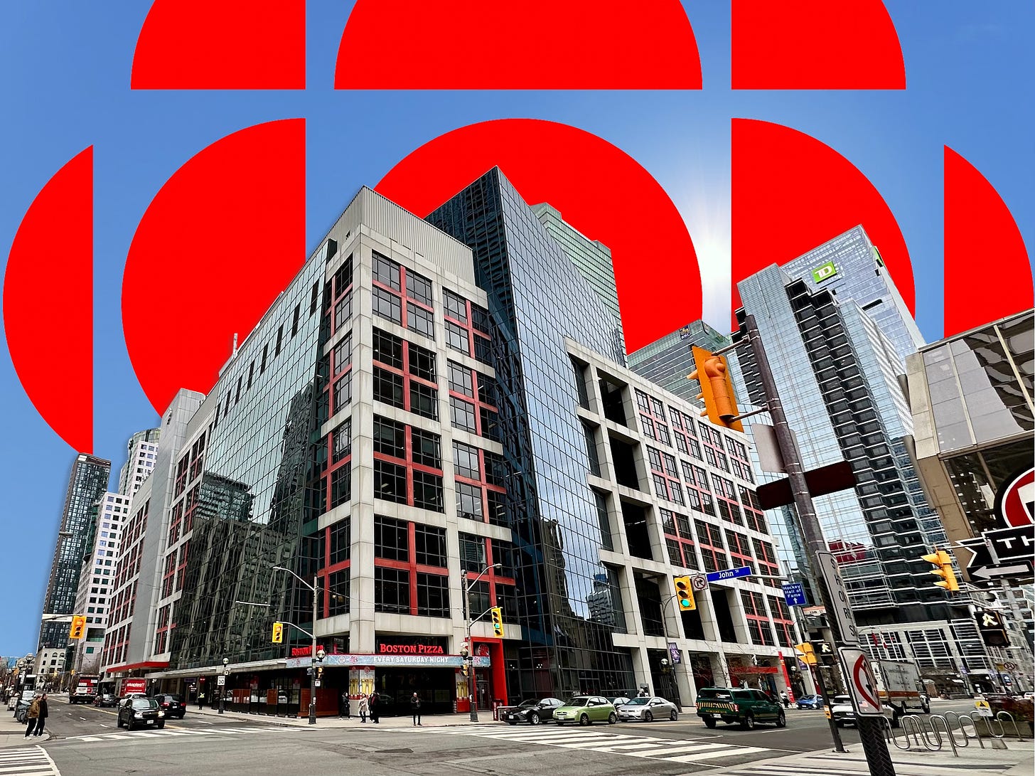 photomontage of the CBC Broadcast Centre in Toronto photographed from the SW corner of Front and John Sts. against a blue sky with the CBC logo looming behind the building. Photo by Jowi