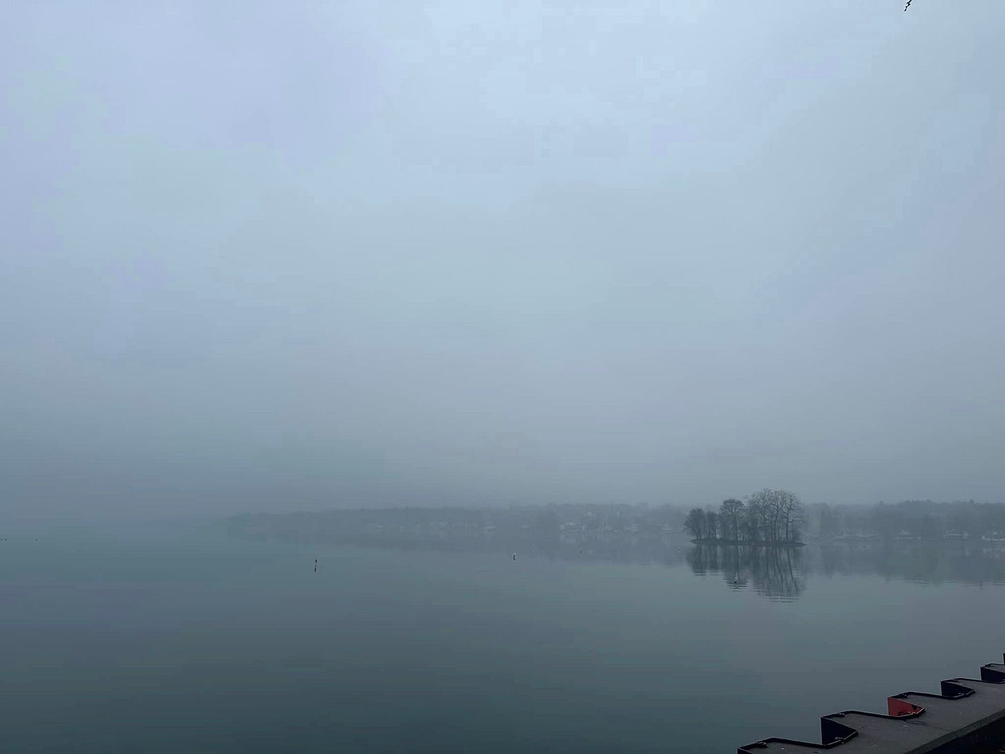 May be an image of twilight, fog and lake