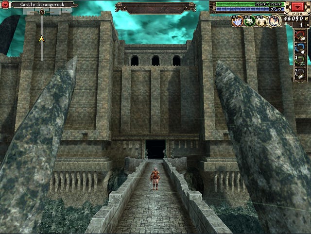 A screenshot of the approach to Castle Strangerock: the sky is a weird greenish color, rocks are jutting from below, and the castle towers over your character, who is made to feel diminutive in its immense presence.