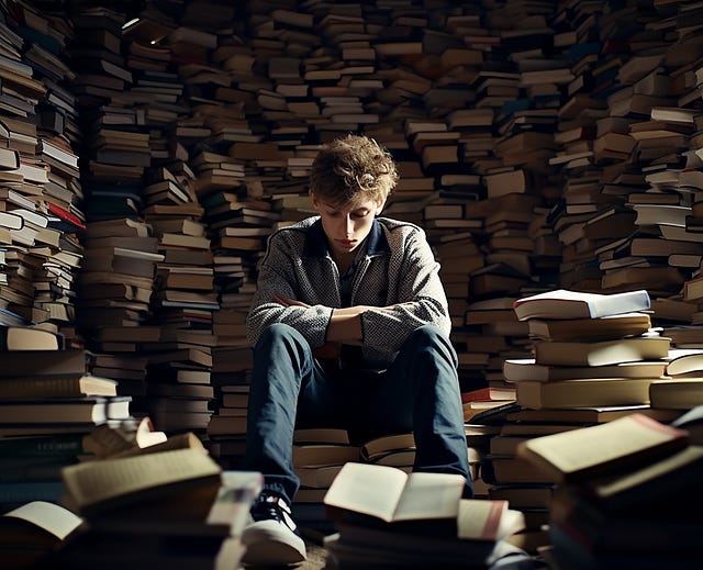 teen boy surrounded by piles of books