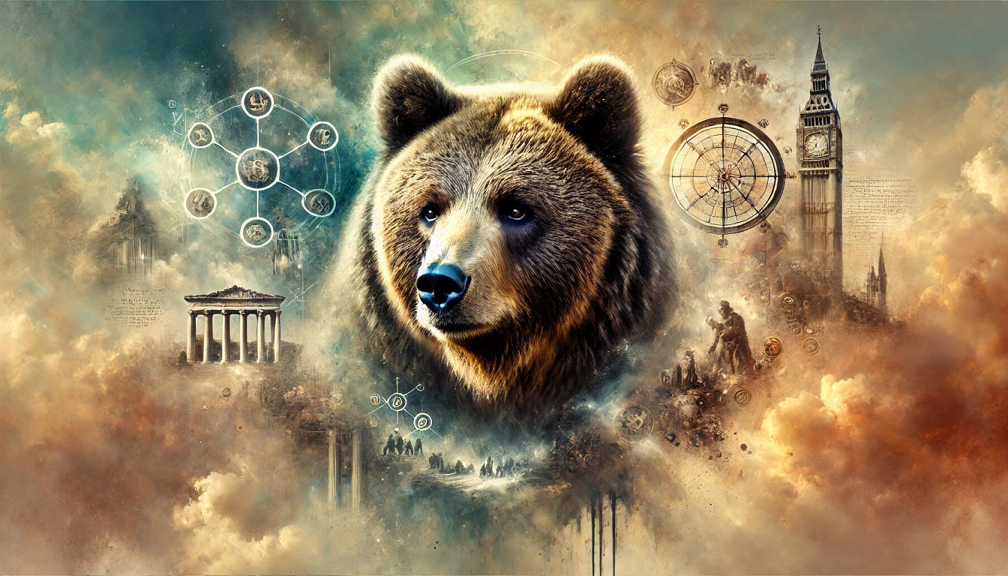 A majestic bear portrayed as the Hegelian world spirit, symbolizing historical progress and unity. The bear stands tall with an aura of wisdom and presence, looking forward with a gaze that seems to transcend time. Surrounding the bear are faint images of human achievements and symbols of philosophical ideas, subtly merging into the background, giving a sense of interconnected historical progress. The background is a blend of ethereal light and shadow, symbolizing the dialectical movement of history, with clouds or mist swirling around to add depth and a dreamlike atmosphere. The bear's fur is slightly windswept, adding to its powerful, almost divine look. Aspect ratio 34:21.